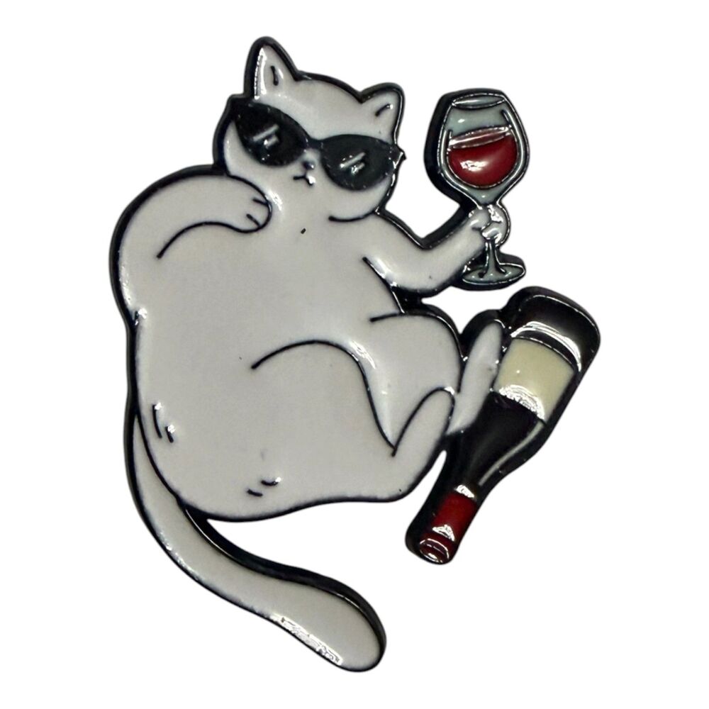 Cat With Wine & Bottle Enamel Lapel Pin Funny Drinking Cat Brooch